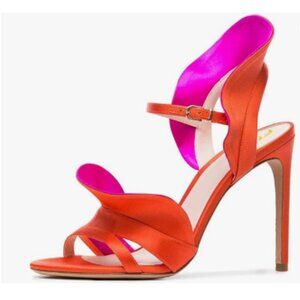 FSJ Orange Dressy Open Toe High Heel Ankle Strap Satin Sandal with Ruffle